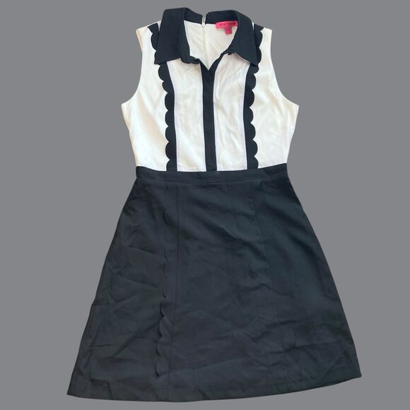Betsey Johnson Dress WMNS 6 Black & White Scalloped Collared Button Down Modest - Picture 2 of 11